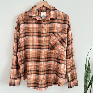 Billabong Easy Breezy Plaid Flannel Button Down Shirt Clay Cream Large 12